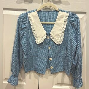 Blue Plaid Fringe Collared Shirt *Cottage-core*